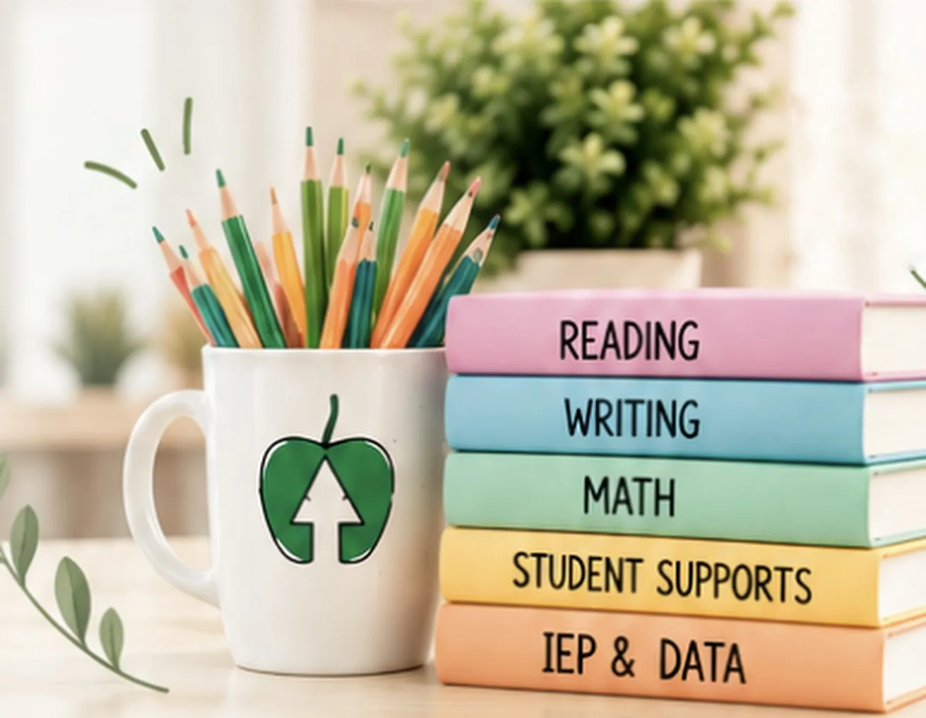 A mug of colored pencils beside a stack of books labeled Reading, Writing, Math, Student Supports, and IEP and Data